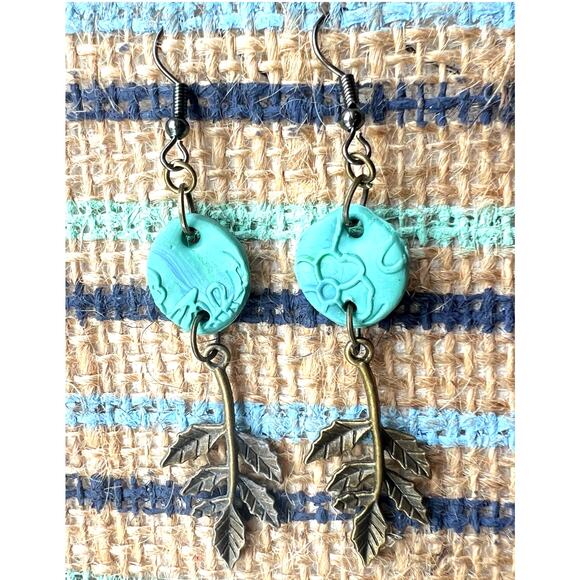 Handmade Brass Mistletoe Leaf Dangle Earrings with Green Clay Charm – 2.75" Long - Picture 3 of 3